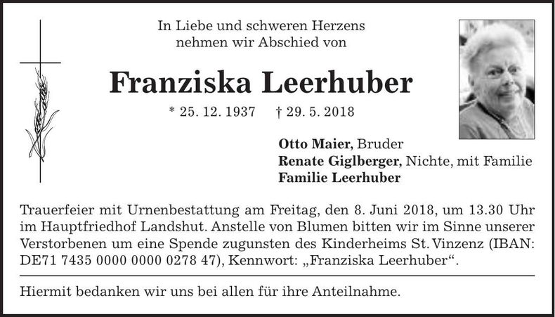 Traueranzeige Franziska Leerhuber