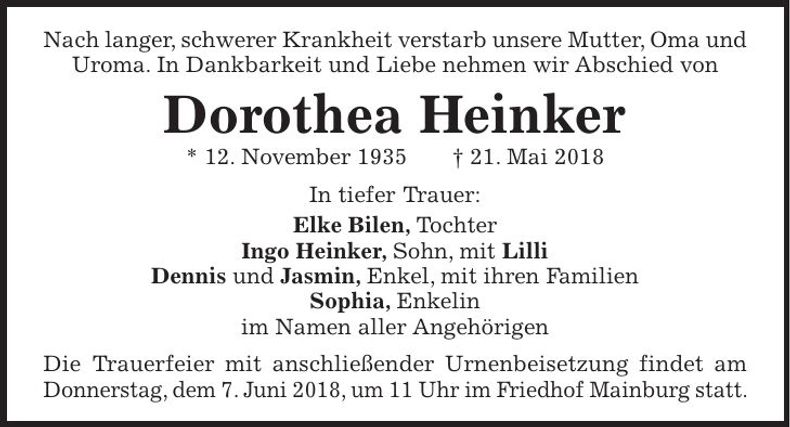 Traueranzeige Dorothea Heinker
