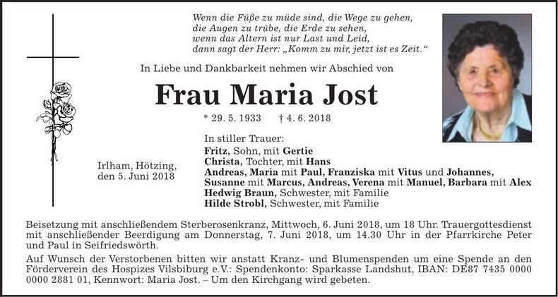 Traueranzeige Maria Jost