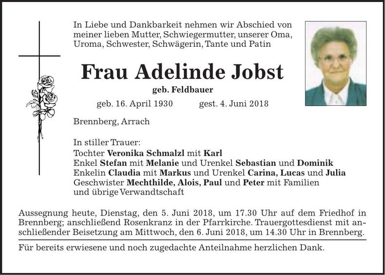Traueranzeige Adelinde Jobst