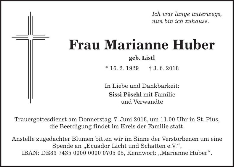 Traueranzeige Marianne Huber