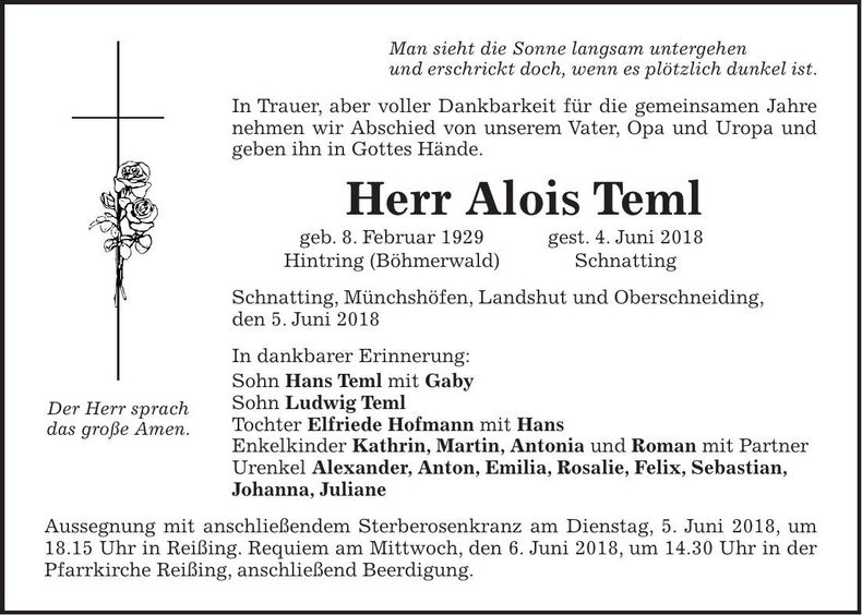 Traueranzeige Alois Teml