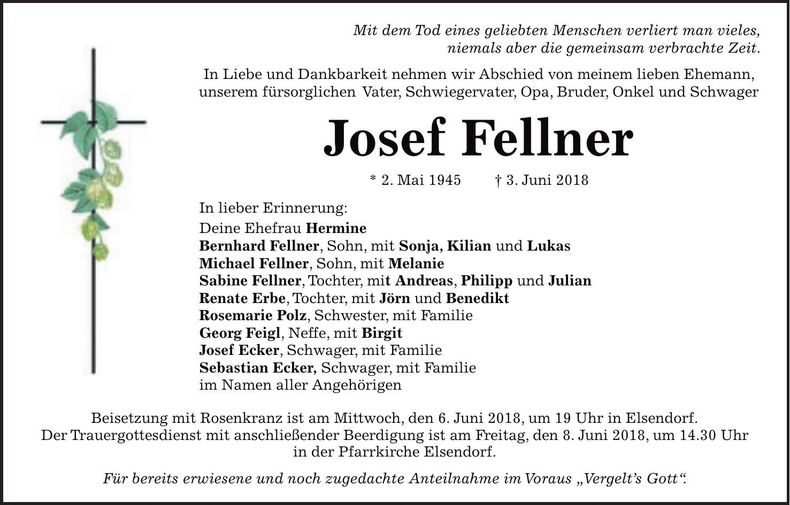 Traueranzeige Josef Fellner