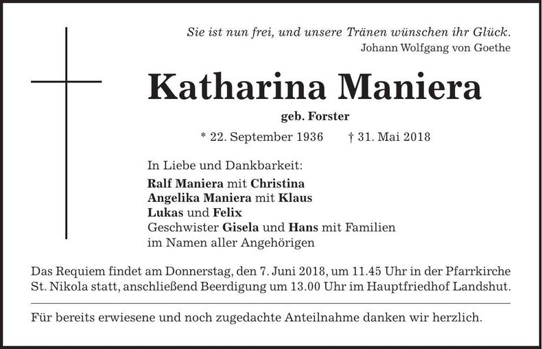 Traueranzeige Katharina Maniera