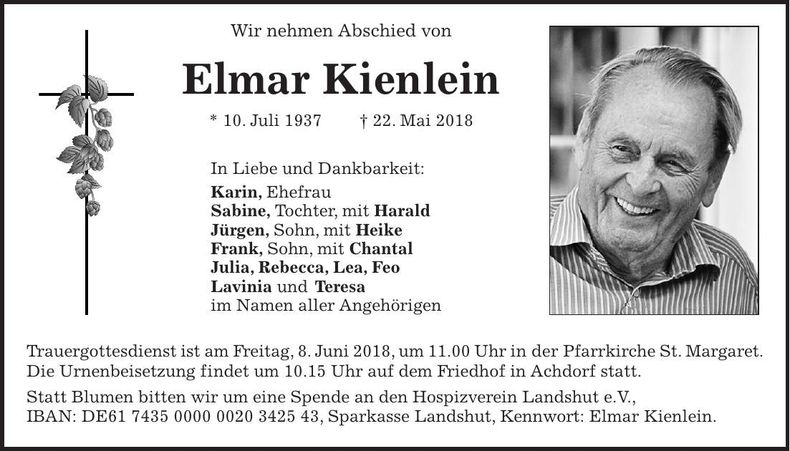 Traueranzeige Elmar Kienlein
