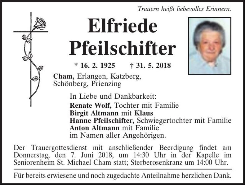 Traueranzeige Elfriede Pfeilschifter