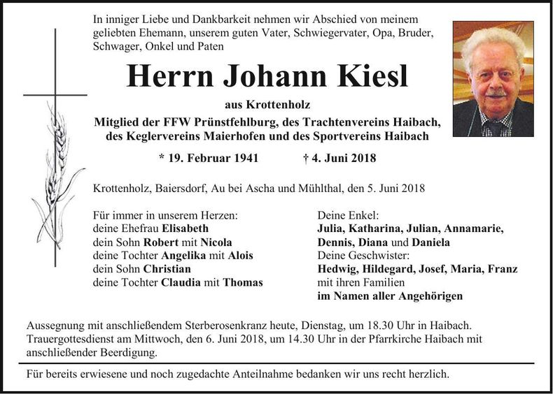 Traueranzeige Johann Kiesl