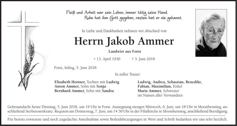 Traueranzeige Jakob Ammer