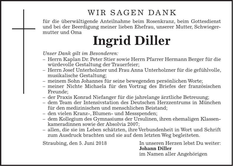 Traueranzeige Ingrid Diller
