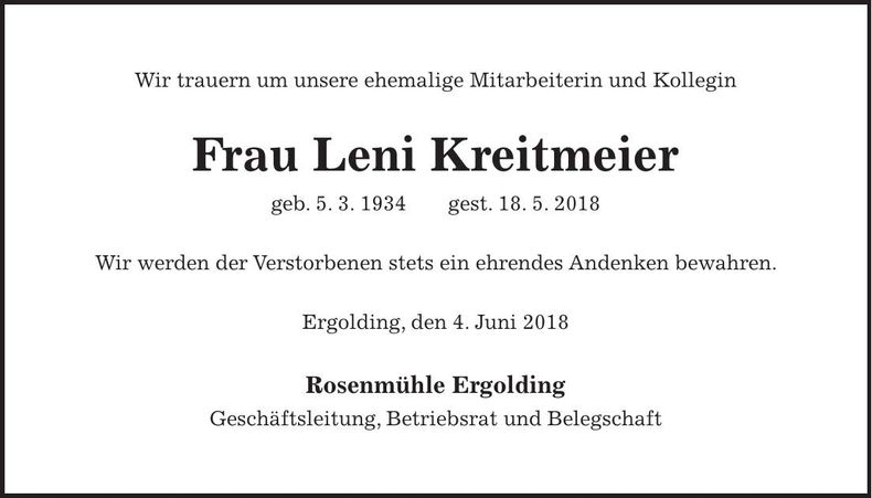 Traueranzeige Leni Kreitmeier