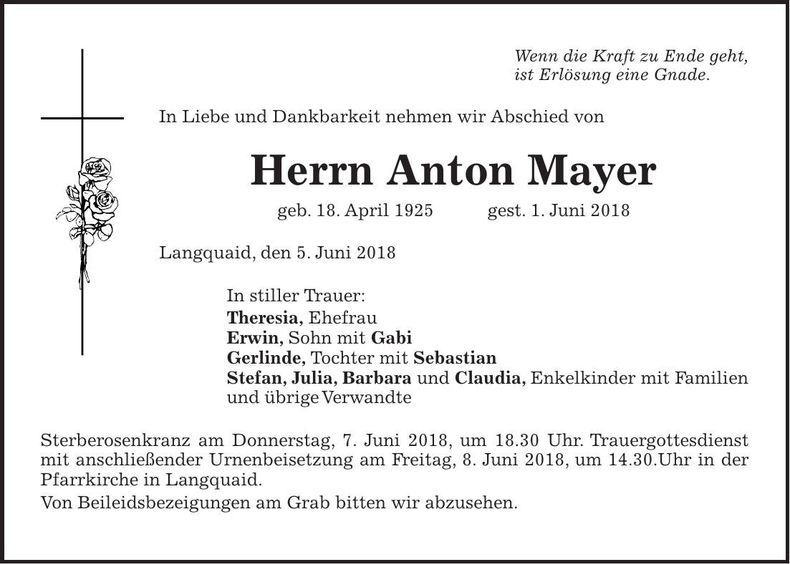 Traueranzeige Anton Mayer