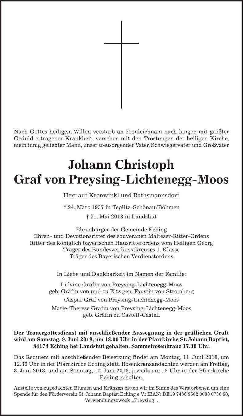 Traueranzeige Johann Christoph Graf von Preysing-Lichtenegg-Moos