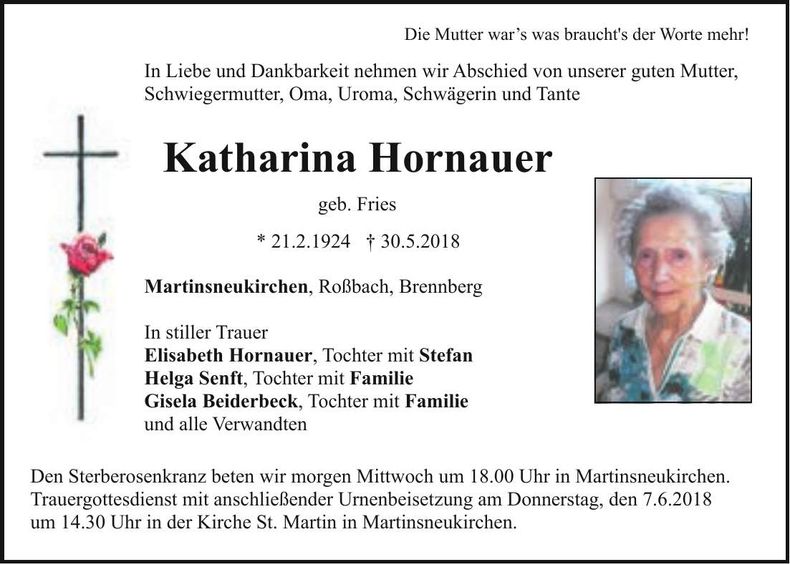 Traueranzeige Katharina Hornauer