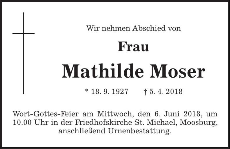 Traueranzeige Mathilde Moser