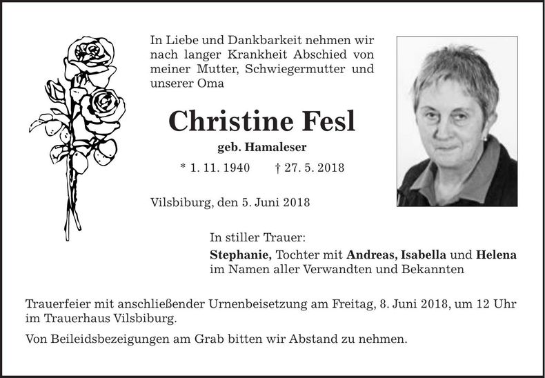 Traueranzeige Christine Fesl