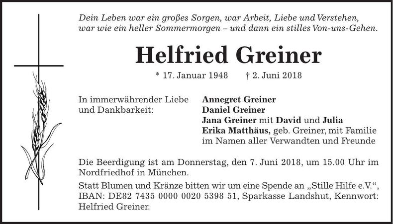 Traueranzeige Helfried Greiner