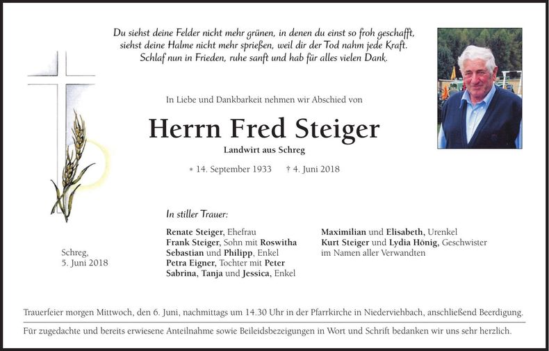Traueranzeige Fred Steiger