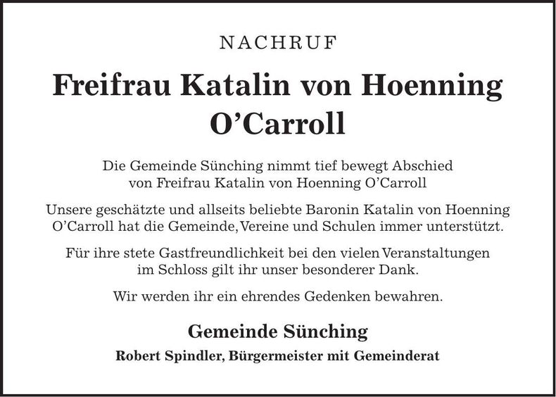 Traueranzeige Freifrau Katalin von Hoenning O¿Carroll