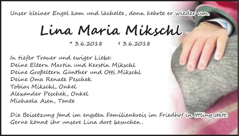 Traueranzeige Lina Maria Mikschl