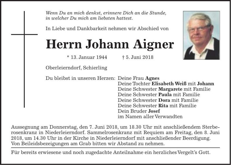 Traueranzeige Johann Aigner