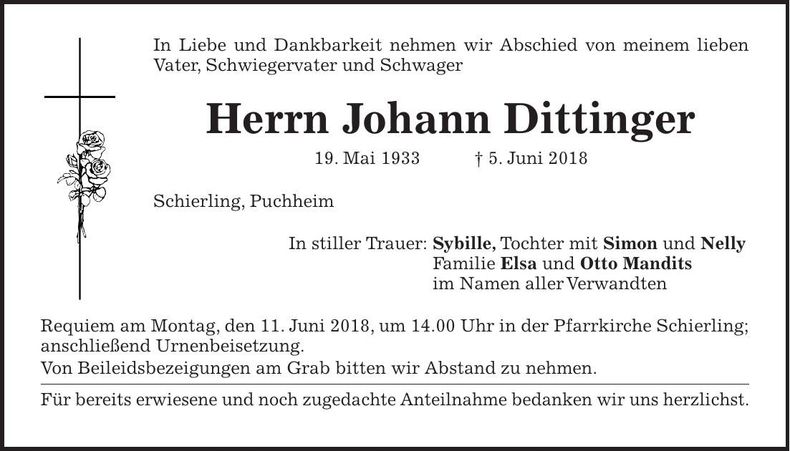 Traueranzeige Johann Dittinger