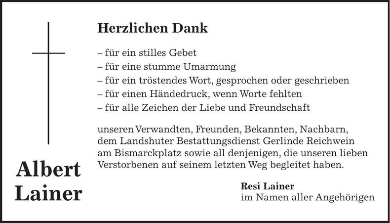 Traueranzeige Albert Lainer