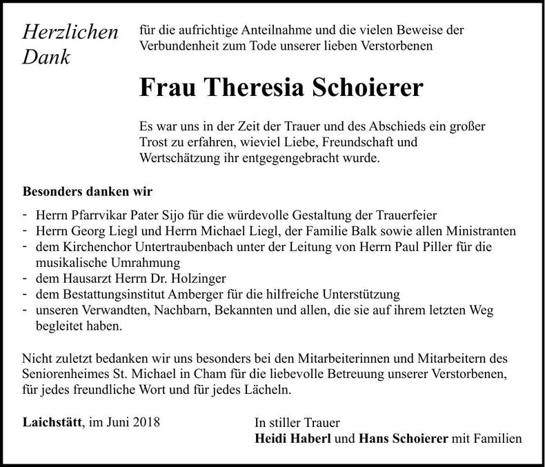 Traueranzeige Theresia Schoierer