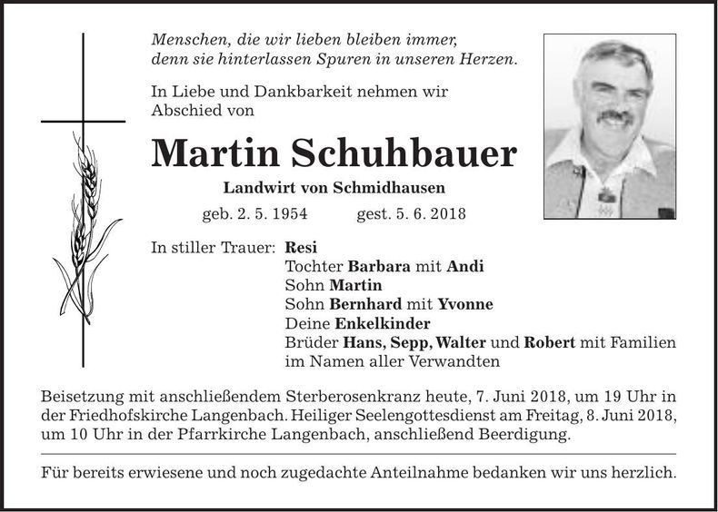 Traueranzeige Martin Schuhbauer