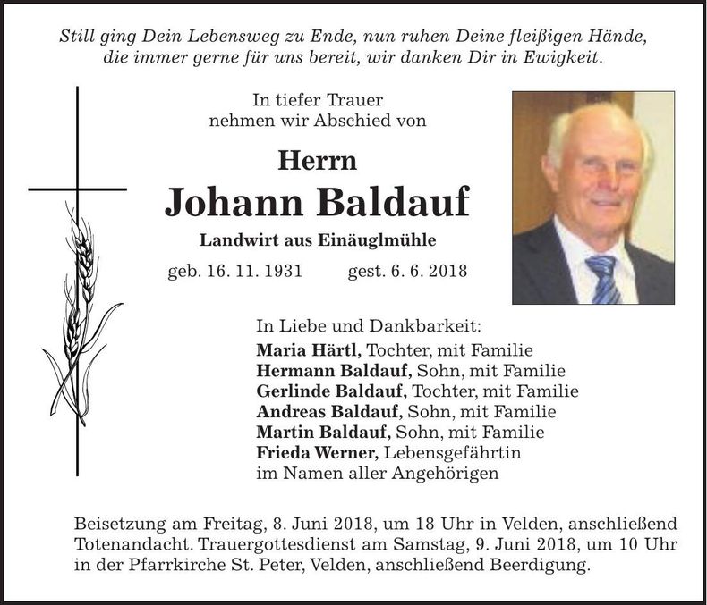Traueranzeige Johann Baldauf