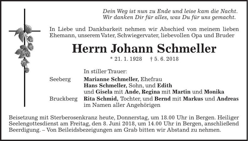 Traueranzeige Johann Schmeller