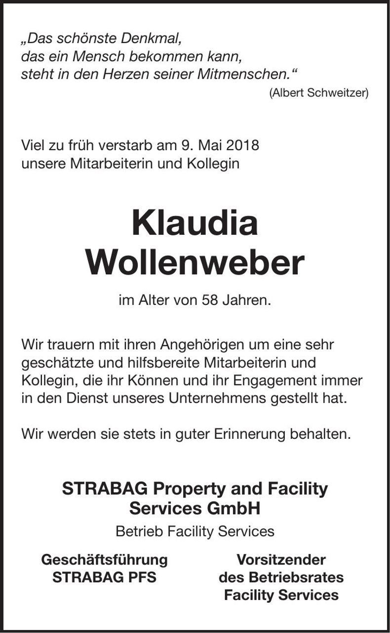 Traueranzeige Klaudia Wollenweber