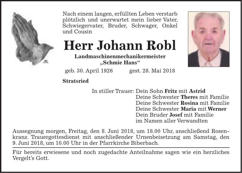 Traueranzeige Johann Robl
