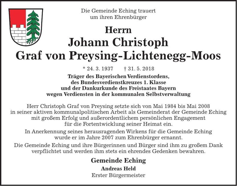 Traueranzeige Johann Christoph Graf von Preysing-Lichtenegg-Moos