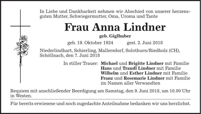 Traueranzeige Anna Lindner