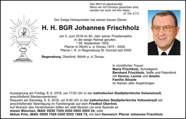 Traueranzeige Johannes Frischholz