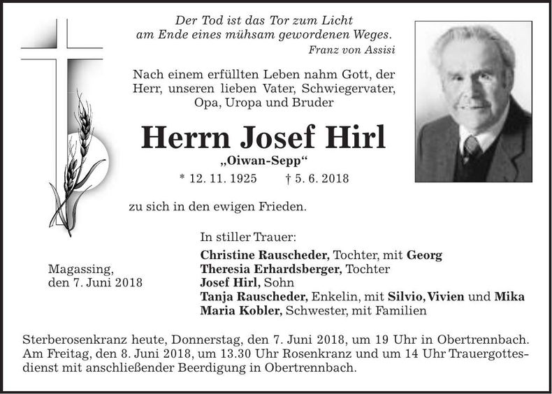 Traueranzeige Josef Hirl