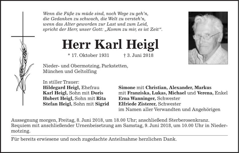 Traueranzeige Karl Heigl