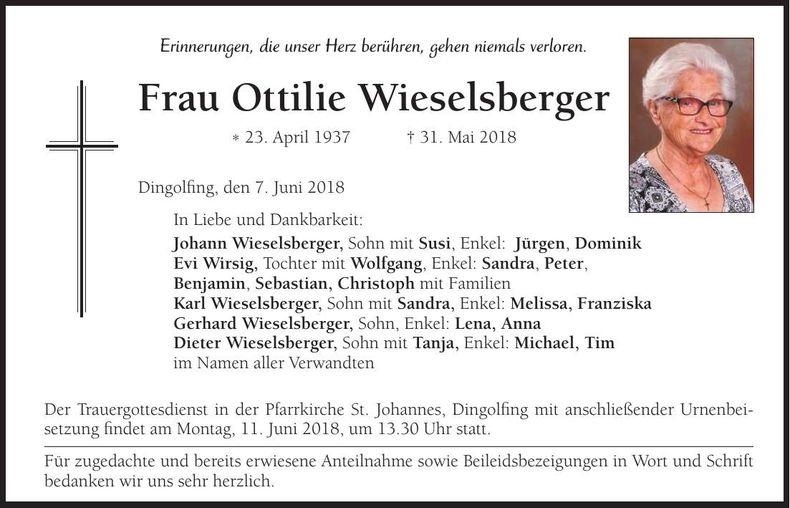 Traueranzeige Ottilie Wieselsberger