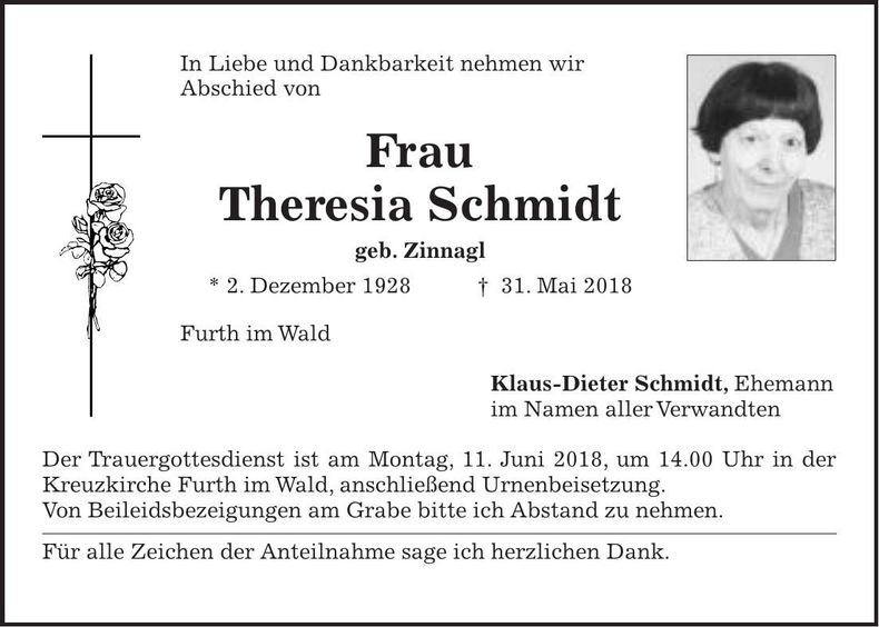 Traueranzeige Theresia Schmidt