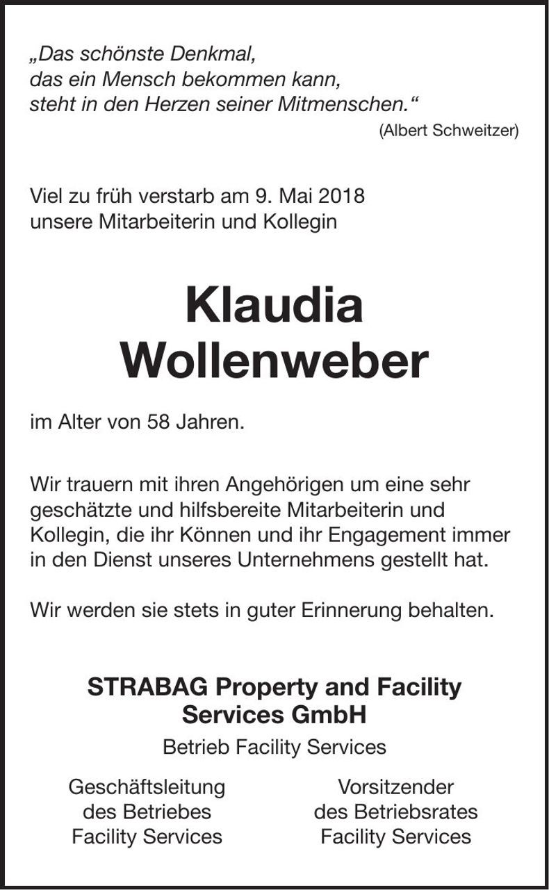 Traueranzeige Klaudia Wollenweber