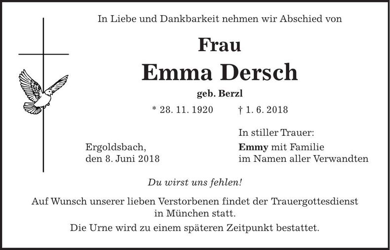 Traueranzeige Emma Dersch