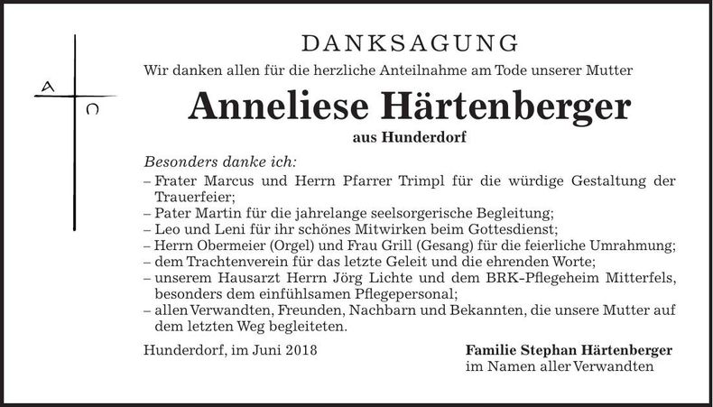 Traueranzeige Anneliese Härtenberger