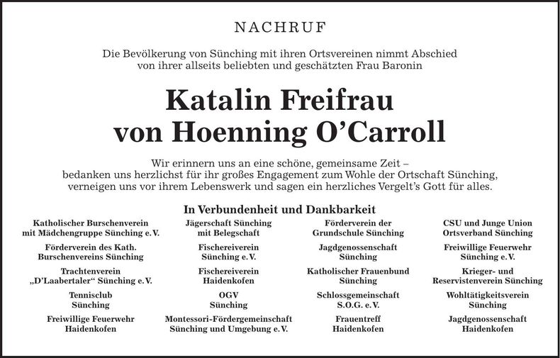 Traueranzeige Katalin Freifrau von Hoenning O¿Carroll