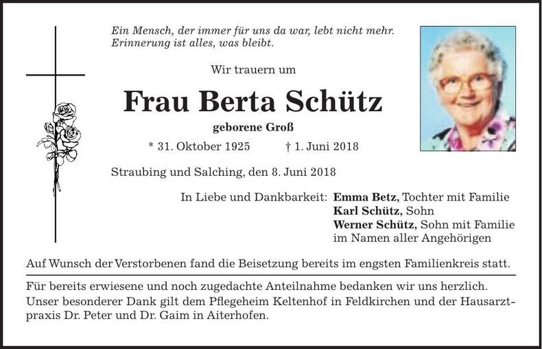 Traueranzeige Berta Schütz