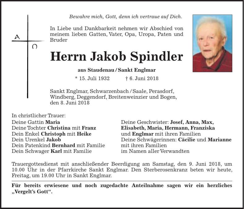 Traueranzeige Jakob Spindler