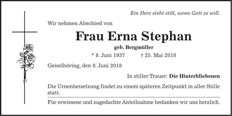 Traueranzeige Erna Stephan