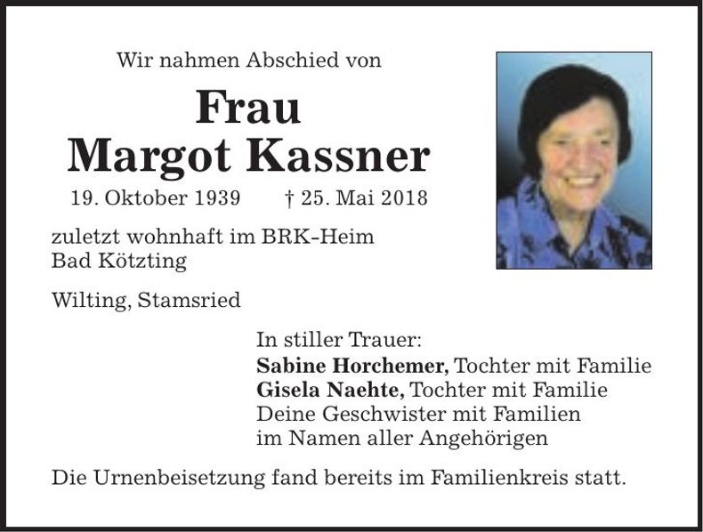 Traueranzeige Margot Kassner