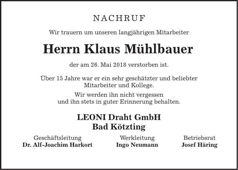 Traueranzeige Klaus Mühlbauer