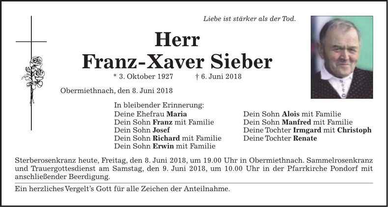 Traueranzeige Franz Xaver Sieber