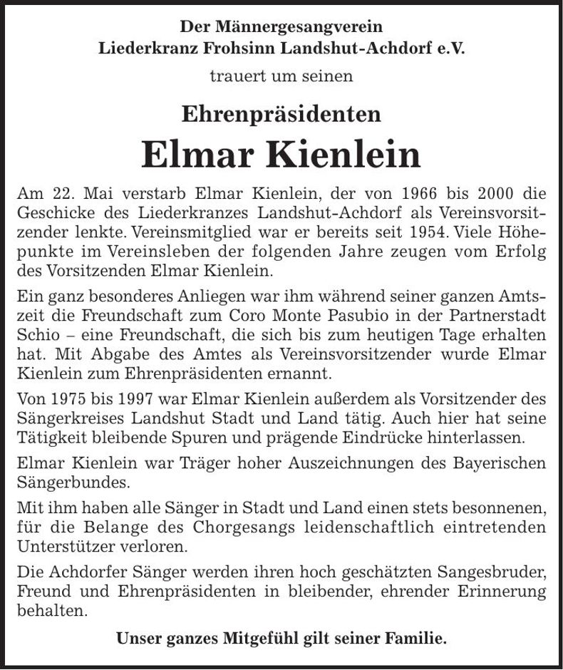 Traueranzeige Elmar Kienlein